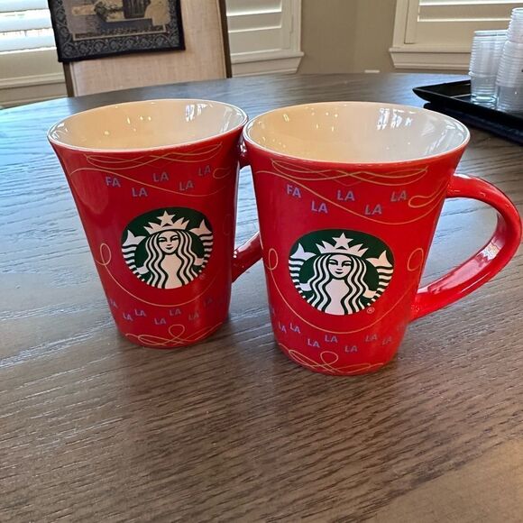 STARBUCKS Red Porcelain Holiday Mug Christmas Fa la la 10oz EUC 2020 set of 2 - Picture 2 of 9